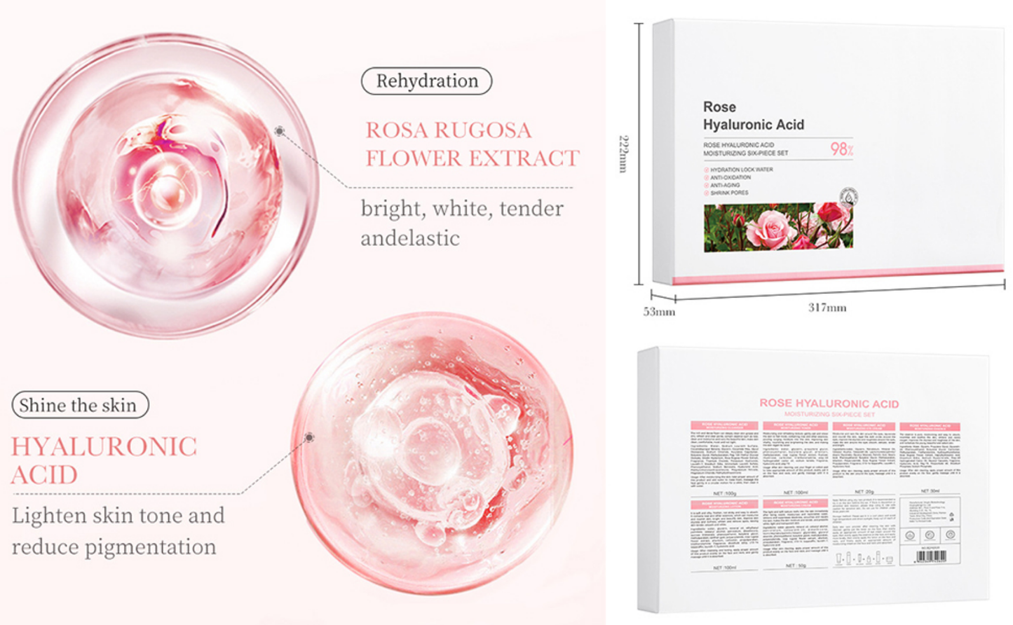 Ácido Hialurónico con Extracto de Rosa - Kit 6 Piezas Hidratación Profunda